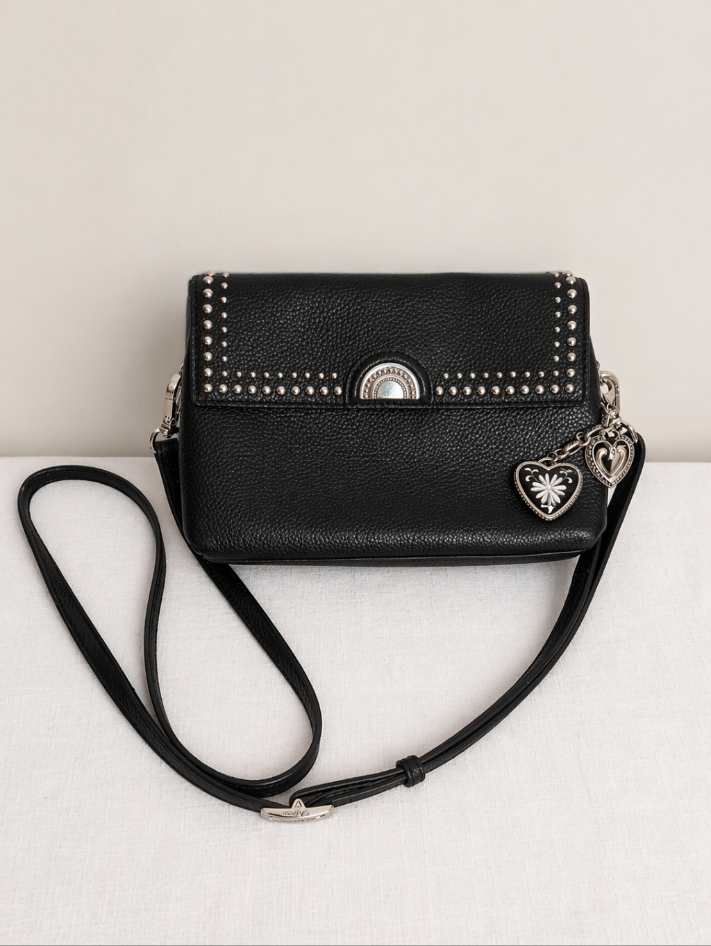Brighton Joy Mini Crossbody Bag Black Leather Studded Heart Charms